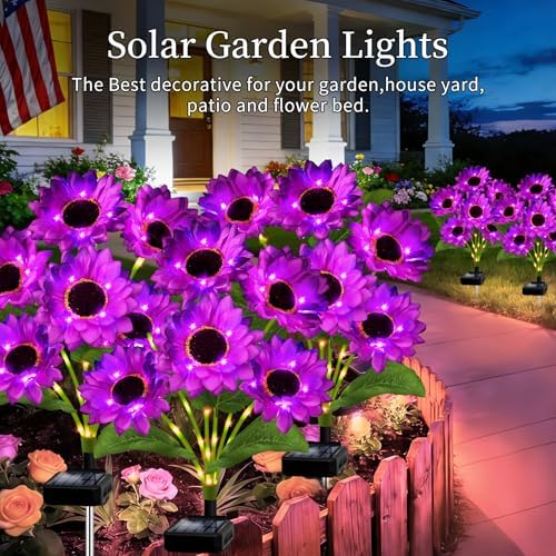 Solar Garden Lights Outdoor, 4 Pack Solar Purple Sunflower Lights with 18 Head 3.5 Inch Flowers, Waterproof Flowers Light Fall Decor Auto ON/Off for Garden Yard Patio Backyard, Gifts for Mom Women - Image 5
