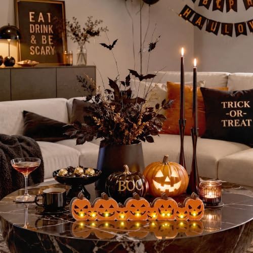 Yousoontic Halloween Table Decorations, Light up Pumpkin Table Centerpieces Spooky Wooden Sign Decorations with LED Lights 3D Block Pumpkin Decor for Halloween Tabletop Mantel Desk Home Office Party - Image 3