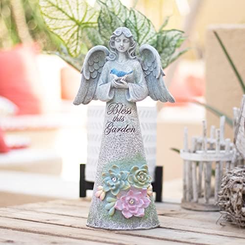Angel Garden Statue Outdoor, Solar Angel Holding Bird with Succulent Lights by WONDERgarden