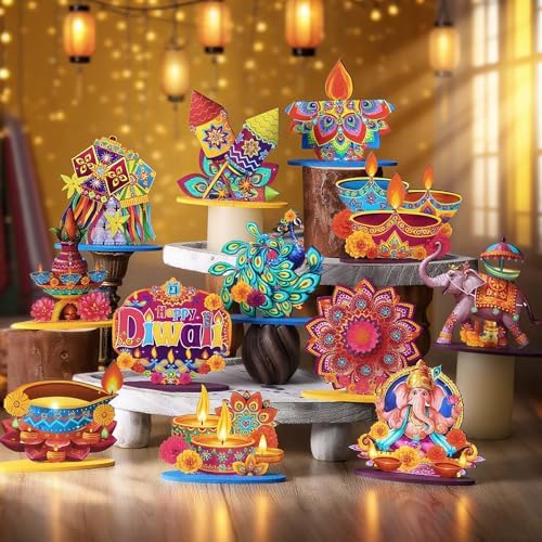 Wesiti 12 Pcs Diwali & Ganesh Chaturthi Decorations Diwali Table Decorations Signs Indian Festival Table Centerpiece with Ganesha Idol, Peacock, Lotus Marigold Tea Lights for Mandap Home Office Decor - Image 5