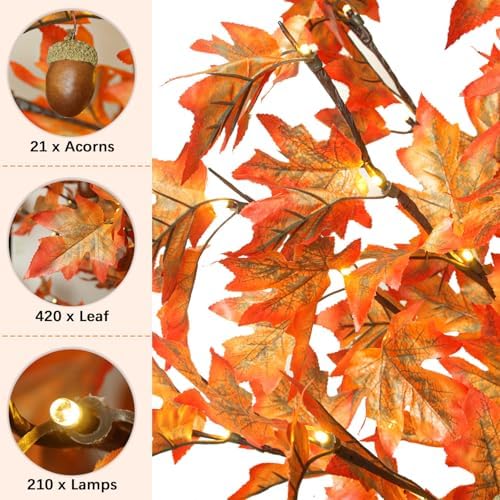 8FT 210 LED Lighted Maple Tree - Thanksgiving Decor Artificial Fall Tree with 21 Branches, 21 Acorns 420 Leaves, Remote 8 Flashing Modes, Timing, DC 5V Safe for Outdoor Wedding Party Autumn Decor - Image 2