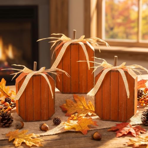 3 Pcs Fall Pumpkin Decor Wooden Signs Orange Pumpkin Block Sign - Image 3