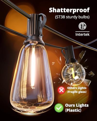 VIPAR Outdoor String Lights,100FT LED Patio Lights Waterproof 52 ST38 Bulbs - Image 6