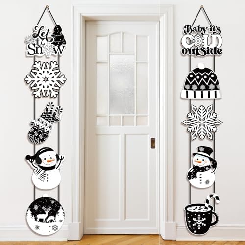 Yaomiao 2 Sets Winter Porch Banner Cute Black White Snowman Porch Signs Let It Snow Home Hanging Decor Outdoor Indoor Decorations Wall Hanging for Winter Party Supplies - Image 3