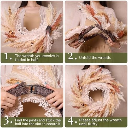 DecorbyHannah 24'' Neutral Fall Pampas Wreath with Lights for Front Door - Image 4