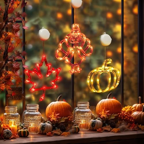 [Timer] 3 PCS Thanksgiving Lights Turkey Maple Leaf & Pumpkin Fall Lights, Thanksgiving Window Lights with Suction Cup, Thanks Giving Lighted Window Decorations for Home - Image 7