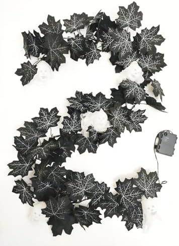 Black Maple Halloween Garland Decor Purple Lights Artificial Wreaths for Wall Fireplace Outdoor Indoor Yard Haunted House Decoration (Skeleton Maple Garlands) - Image 2