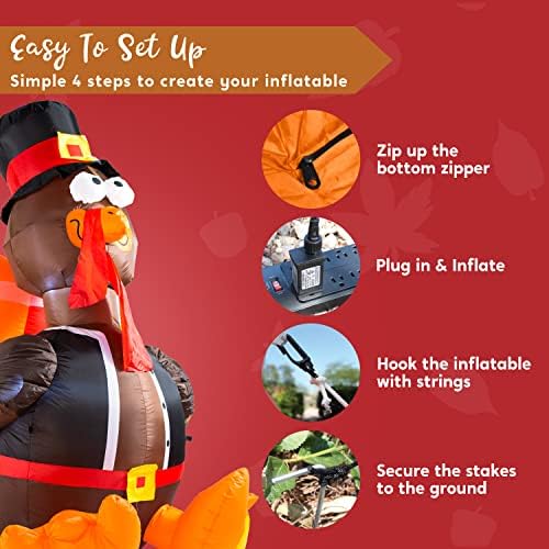 Joiedomi 6 FT Thanksgiving Inflatable Turkey Decorations, LED Light Up Turkey with Pilgrim Hat, Blow Up Decor for Thanksgiving Outdoor Decorations, Halloween Inflatable for Yard Garden - Image 7