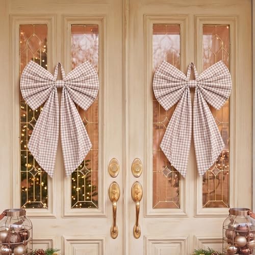 Suncalla 2 Pcs Khaki Christmas Gingham Wreath Bows 18'' x 12'' - Image 3