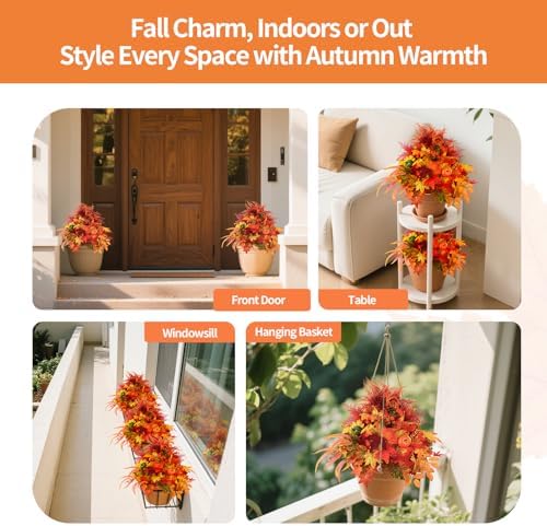 Artificial Fall Flowers for Outdoors – 2PCS 20" Pumpkin & Maple Leaf Potted Plants, Autumn Decorations for Thanksgiving, Halloween & Home Gifts - Image 4