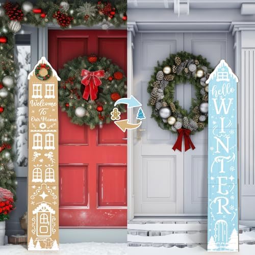 47" Double Side Gingerbread Porch Sign Hello Winter Outdoor Decor by Memorywuu
