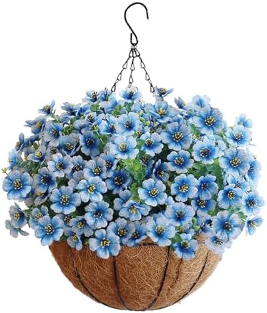 Artificial Hanging Flower Plants with Pot Planter, 12 Bundles Fake Flowers Uv Resistant Artificial Outdoor Flowers for Spring Summer Yard Porch Patio Garden and Home Decoration - White Blue by BCBLF