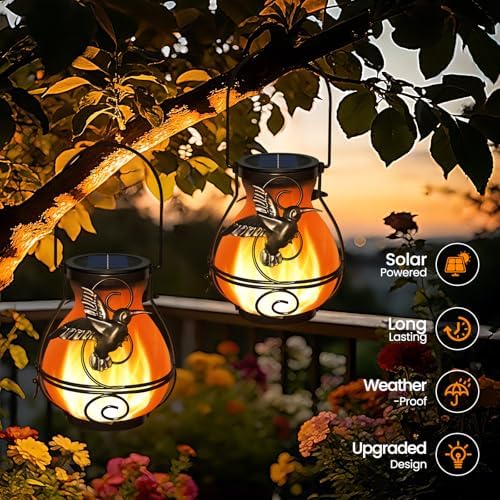 2 Pack Solar Lanterns Outdoor Waterproof , Metal Hummingbird Flickering Flame Solar Lights, Hanging Decorative Lantern for Patio Garden Porch, Gifts for Women, Mom - Image 3