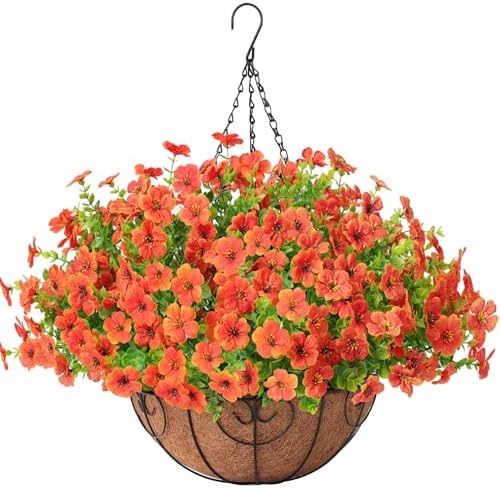 Artificial Fake Hanging Plants Flowers Basket Outdoors Summer Autumn Decor, Hanging Planter with Faux Silk Daisy Flowers Realistic UV Resistant for Outside Home Porch Front Patio Balcony Garden Orange by Digtecno