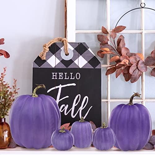 Winlyn 7 Pcs Assorted Sizes Purple Artificial Pumpkins and Gourds Decorative Halloween Pumpkins Foam Pumpkins for Gifts Chic Halloween Thanksgiving Fall Wedding Table Centerpiece Mantel Shelf Décor - Image 5