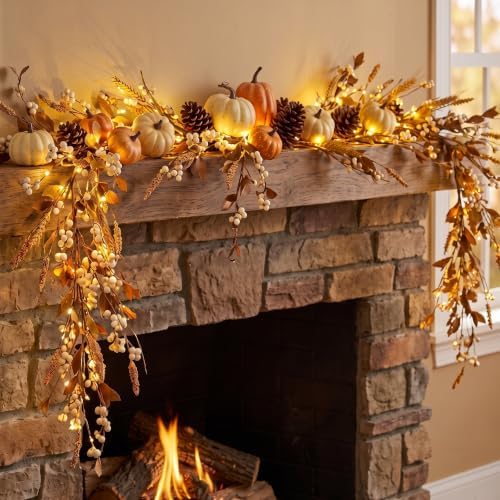 6 ft Fall Garland for Mantel, Pre-lit Autumn Garland with Lights - Image 3