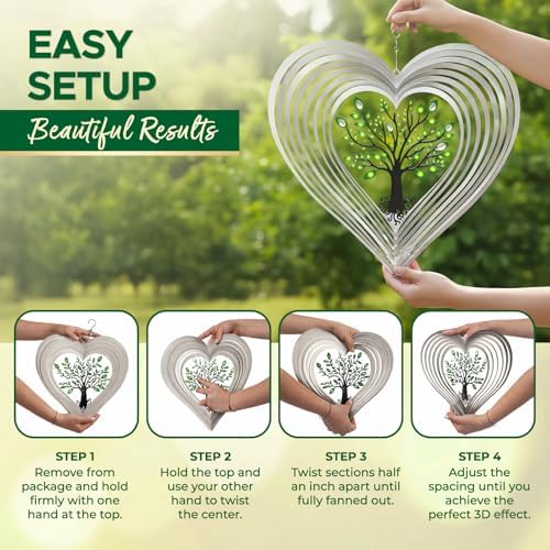 ISEO Silver Heart Wind Spinner with Glass Crystals Outdoor, 12 Inch Tree of Life Hanging Garden Decor, Gift for Women Mom Grandma - Image 6