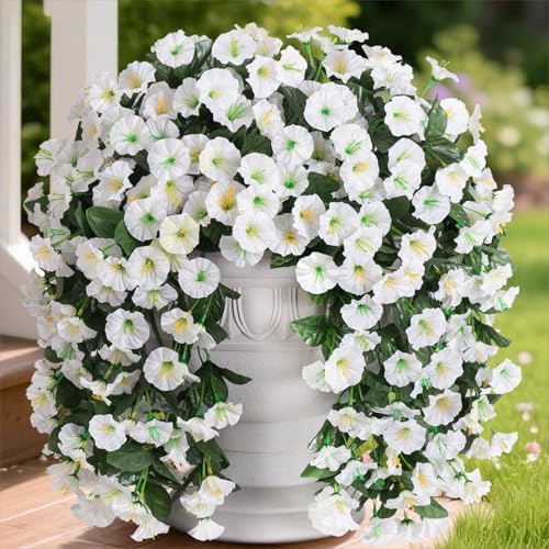 HyeFlora Artificial Fake Hanging Flowers Plants Vines for Outdoor Summer Decoration, 2PCS Faux Silk White Morning Glory Look Real UV Resistant for Home Outside Planter Porch Patio by HyeFloraartificialflowers