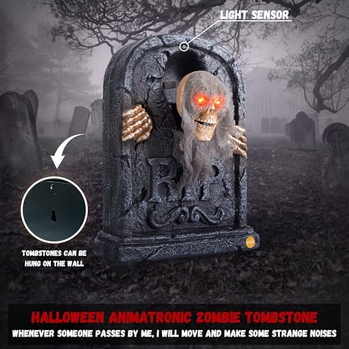 Halloween Animatronic Zombie Tombstone Animated Skeleton Decorations - Sensor Activated with Creepy Sound, Scary Move, Light Up Eyes, Haunted House Spooky Decor Horror Prop for Indoor/Outdoor, Yard - Image 5