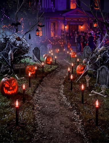 19.5Ft Halloween Pathway Lights, 10 C18 Flicker Flame Candles Stakes Lights - Image 5