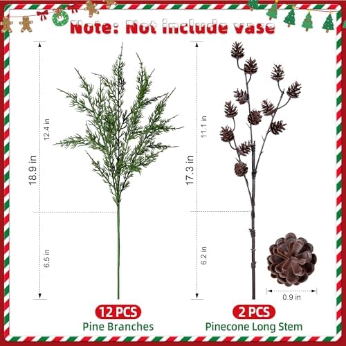 Faux Cedar Stems Artificial Norfolk Pine Branches for Christmas Decor, 12 PCS Fake Pine Stems with 2 PCS Pine Cones Branches Real Touch Realistic Faux Greenery for Vases DIY Garland Xmas Table Indoor - Image 5