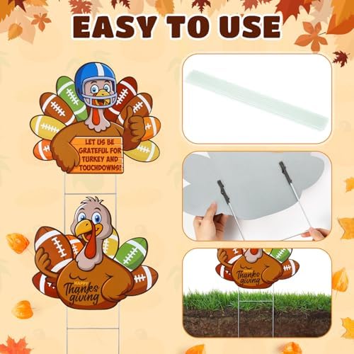 2 Pcs Thanksgiving Outdoor Decorations Metal Football Turkey Yard Sign with Stakes Fall Yard Decoration Turkey Lawn Sign Sports Game Theme for Autumn Party Garden Supplies - Image 3