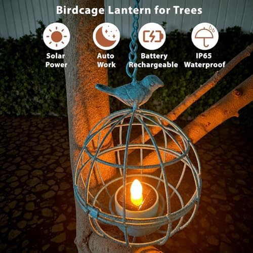 Outdoor Solar Hanging Lantern Lights, 4 Pack Rustic Ball Birdcage Hanging Candle Holder with Solar Tea Lights, Waterproof Chandelier for Tree, Pergola, Patio Decor (Vintage Blue) - Image 2
