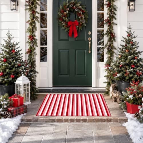Moucuny Christmas Red Pink White Vertical Stripe Outdoor Rug 2' X 3'Doormat - Image 5