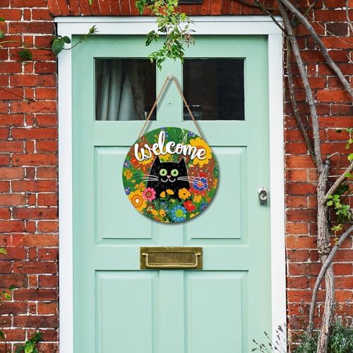Welcome Spring Summer Black Cat Sign for Front Door Decor Spring Flowers Door Hanger for Outdoor Outside Porch Seasonal Summer Farmhouse Wooden Wreath Colorful Wall Hanging Decoration 12"x12" - Image 6