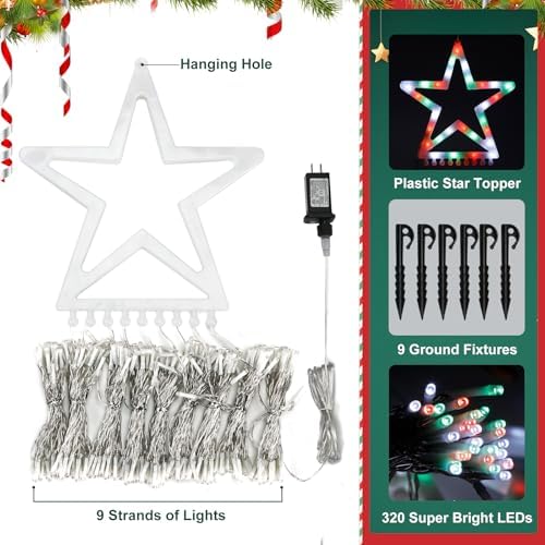 Christmas Decoration Lights, Outdoor Christmas String Lights 320 LED 11.5 Ft Waterfall Tree Light with Big Star Topper 8 Light Modes for Xmas New Year Holiday Garden Yard Indoor Outdoor Decor - Image 5