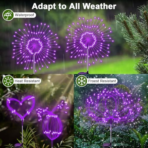 Solar Garden Lights Outdoor, 2 Pack 120 LED Twinkling Firework Lights Decorative with 2 Modes, Outdoor Waterproof Solar Starburst Light for Outside Yard Pathway Garden Decor, Purple - Image 3