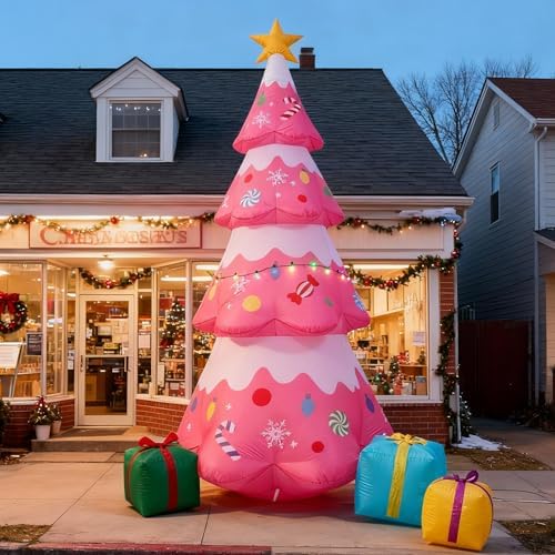 12 FT Pink Christmas Tree Inflatables Outdoor Decorations, Blow Up Candy-Themed Xmas Tree with Rotating Projection for Garden Lawn Holiday Decor - Image 2