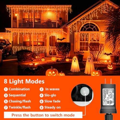 YEGUO 33ft 400 LED Orange Halloween Lights, Connetable Icicle Light Outdoor Waterproof, 8 Modes Christmas Lights Indoor Plug in for Thanksgiving House Patio Fall - Image 6