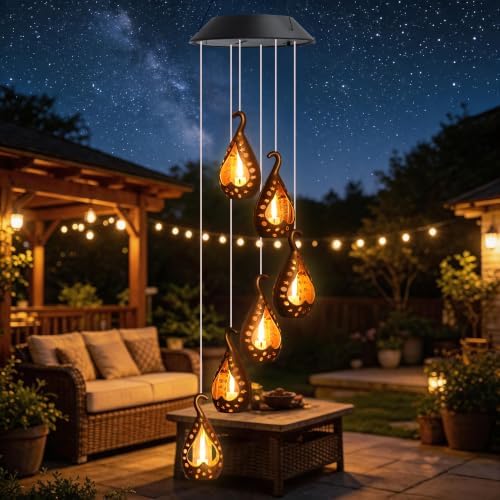 Solar Wind Chime for Ouside, Hanging Outdoor Lights with Flickering Flame by Zeiliuled