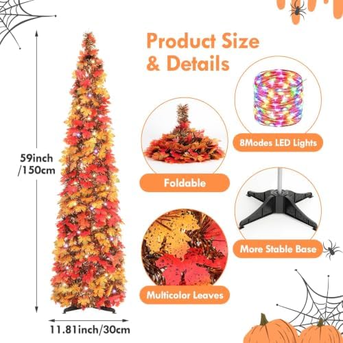N&T NIETING Fall Tree Home Decor, 5FT Pop Up Tree with Lights & Timer & 8 Modes, Collapsible Tinsel Pencil Tree for Autumn Harvest Porch Thanksgiving Party Decorations, Fall Maple Leaves - Image 4