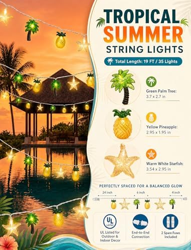 19Ft Hawaiian Beach String Lights Outdoor with 35 LED Starfish, Pineapple & Palm Tree Lights, Plug-in Tropical Party Decoration for Patio, Backyard, Garden, Window, Tiki Bar, Pool Party Decor - Image 2