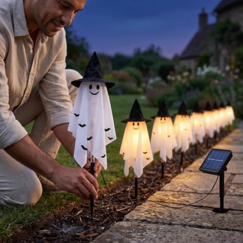 Solar Ghost Lights for Outdoor Halloween Decoration, 6 Pcs Solar Witch Ghost Stake Lights, Smiling Ghost Witch Hat Print Lights, Pathway Lights for Outside Garden Patio Yard Lawn Party Ghost Decor - Image 5