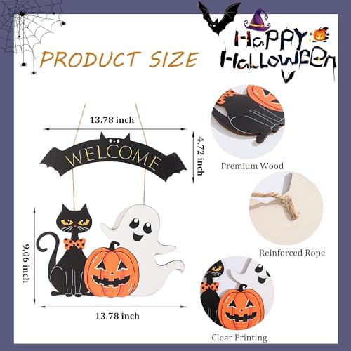 Halloween Door Sign Decorations for Front Door Black Cat Pumpkin Ghost Wreath Yard Wall Decor for Fall Home Halloween Party Outdoor Indoor Decor - Image 2