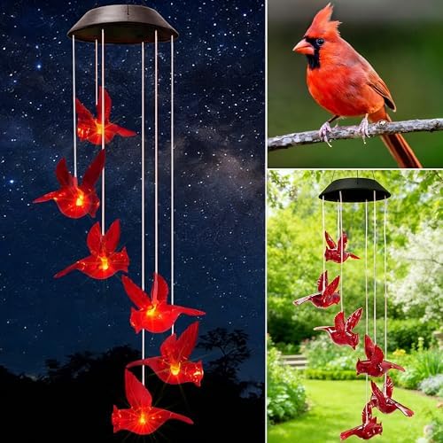 Cardinal Solar Wind Chimes for Outside,Cardinal Gifts for Women Mom Mother,Solar Red Bird Memorial Wind Chimes,Solar Powered Wind Chime Waterproof,Red Bird Decor for Garden Patio Outdoor Porch by AWENDIETOU