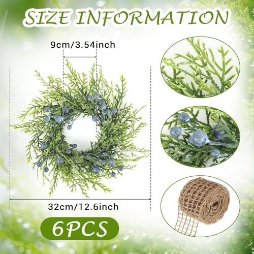 6 PCS Small Spring Summer Blue Berry Cabinet Wreath Artificial Mini Kitchen Wreaths Vintage Swags Wreath with Retro Burlap Ribbon for Farmhouse Rustic Home Front Door Window Pillar Wedding Chair Wall - Image 4