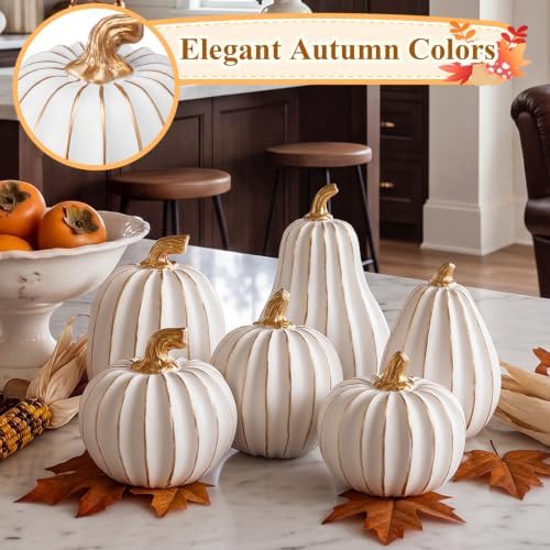 Thyle 6 Pcs Pumpkin Fall Decor, White Gold Pumpkin for Thanksgiving Decor - Image 4