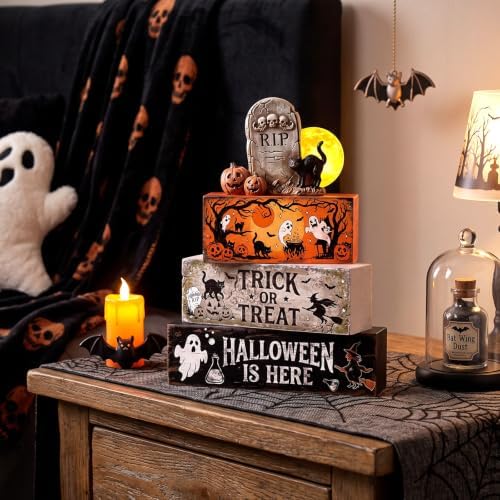 Colingmill 4 Pcs Halloween Table Decor Wooden Stacked Ghost Tombstone Block - Image 5