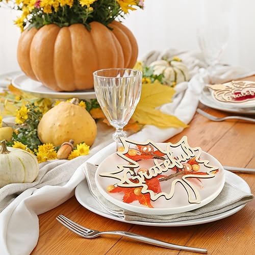 12 Pcs Thanksgiving Maple Leaf Pumpkin Wooden Plate Decor Grateful Wood Cutouts Fall Autumn Thankful Blessed Favour Gather Party Place Card Table Settings Signs for Farmhouse Dining Table Harvest - Image 2