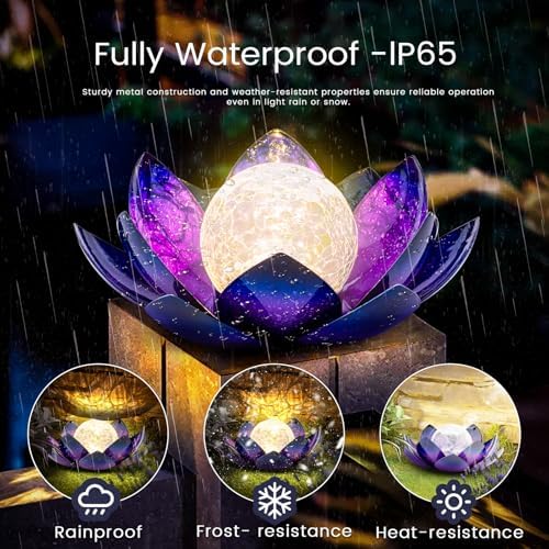 Huaxu Solar Lights Outdoor Decor, Purple Lotus Flower Light, Waterproof LED Crackle Globe Glass Lamp for Garden, Patio, Yard, Porch, Pathway, Ground, Tabletop Gifts for Mom,Women - Image 2