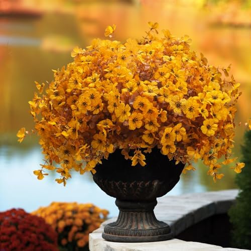 Grunyia 16 Bundles Artificial Fall Mums Outdoor UV Resistant, Fake Silk Plants No Fade Faux Greenery for Garden Porch Patio - Autumn Thanksgiving Christmas Home Decor (Fall Yellow) - Image 2
