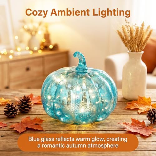 Fall Decorations for Home,Mercury Glass Pumpkin Lights with Timer(Blue) - Image 4