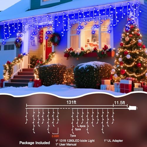 131 Ft String Lights for Outside, 1280 LED Christmas Lights Outdoor Plug in, Christmas String Lights with 8 Modes & Timer for Holiday, Party, Wedding, House, Patio, Outdoor Decor(Blue) - Image 2