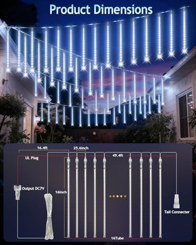 PEMOTech Christmas Lights Outdoor,16 Tubes 576 LED 16 Inch,Meteor Shower Lights Outdoor,Waterproof Icicle Lights,Luces Navideñas para Exteriores,White,50 ft for Christmas Tree,Party,Garden Decor - Image 5