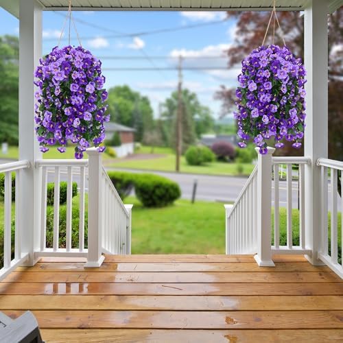 Sggvecsy Artificial Fake Hanging Flowers Plants Outdoor Outside Spring Summer Decoration 2PCS Faux Silk UV Resistant Morning Glory Trailing Vines for Home Porch Patio Balcony(Purple & Light Purple) - Image 3