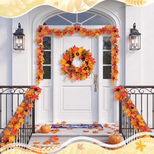 Fall 6FT Garland Wreaths 24", 4 Pack, Artificial Autumn Sunflower - Image 3